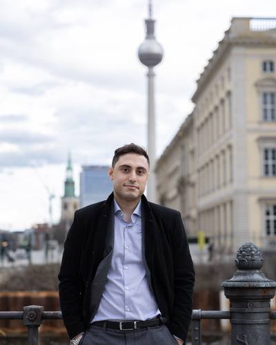 Elman Huseynov in Berlin, the TV tower behind him