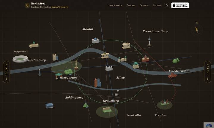 BerlinArea, first screen: An offline guide to 127 places in Berlin, on a vintage map.