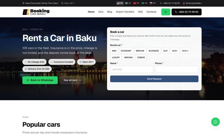 bookingcarbaku.com, first screen: Car rental in Baku: 105 cars, 5 languages, one page per car.