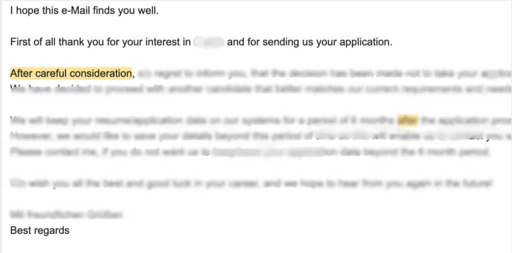 Typical Rejection email template