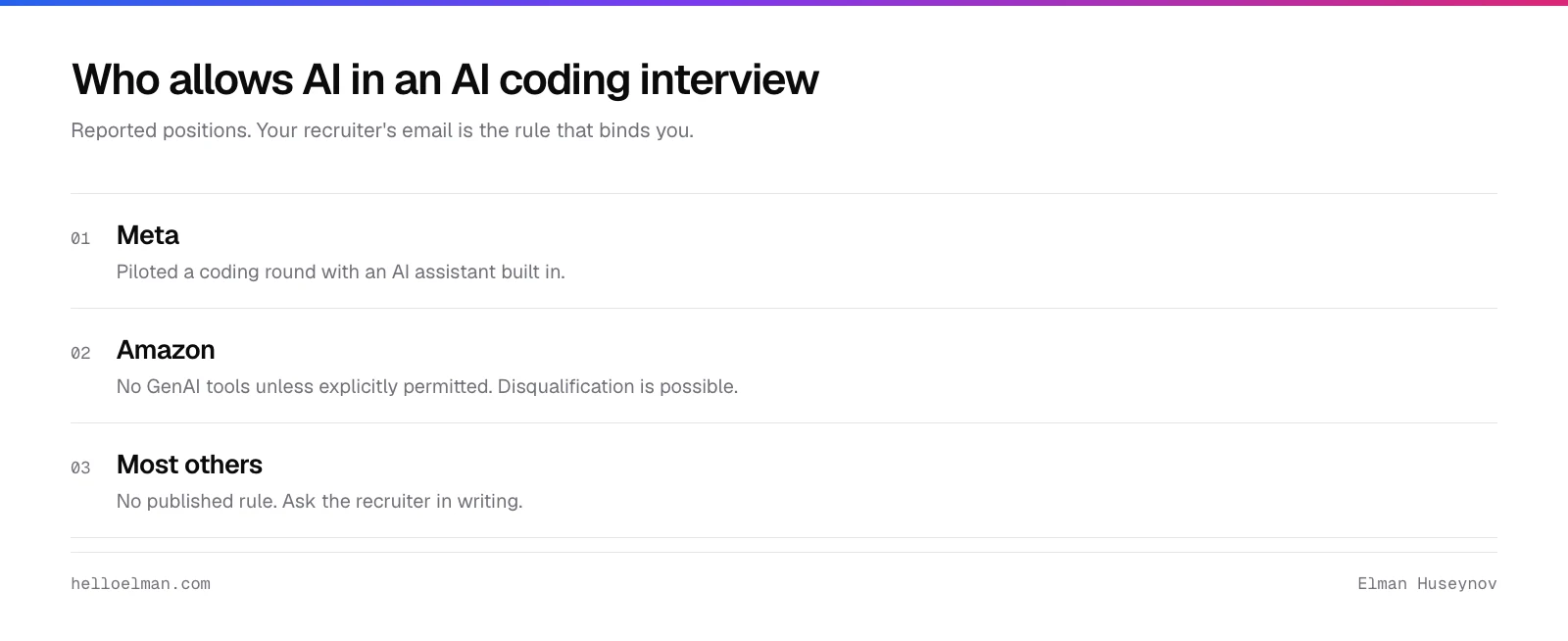 Reported rules for an AI coding interview: Meta has piloted a round with an AI assistant, Amazon asks candidates not to use GenAI tools unless permitted, other companies usually say nothing