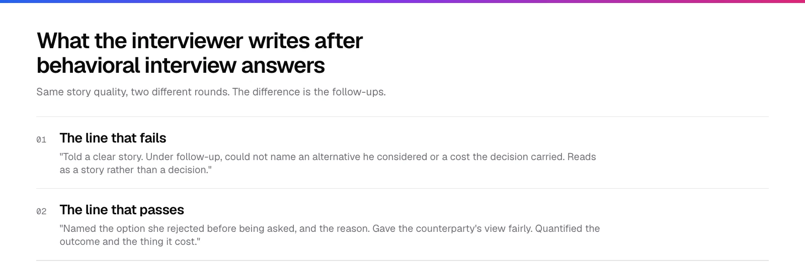 Two scorecard lines after behavioral interview answers: one where no alternative or cost could be named, and one where both were named before being asked