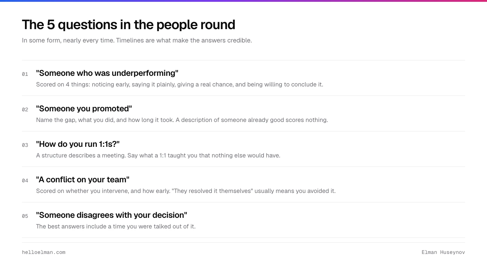 The five people-round questions in an engineering manager interview: underperformance, a promotion, one-to-ones, a conflict, and disagreement with your decision