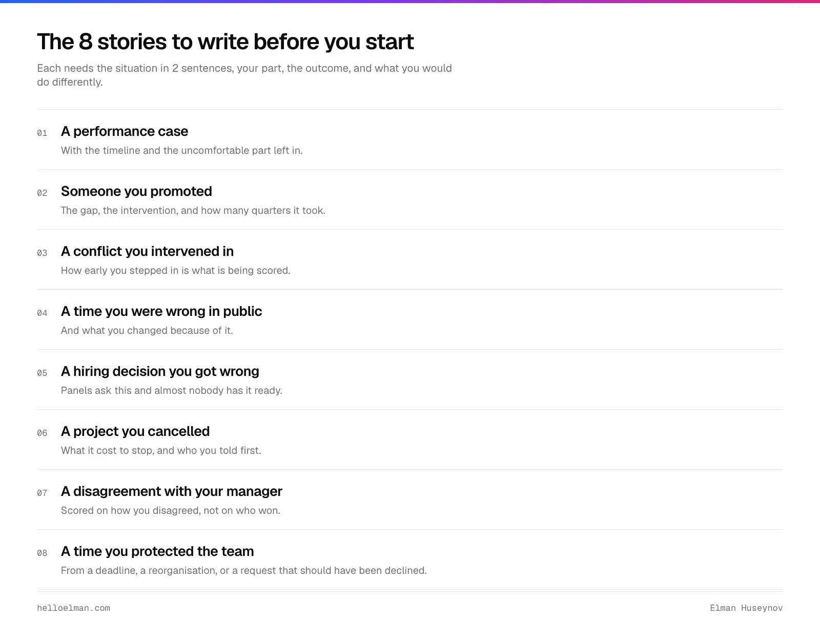 Eight stories to prepare for an engineering manager interview loop: a performance case, a promotion, a conflict, being wrong in public, a bad hire, a cancelled project, disagreeing with your manager, and protecting the team