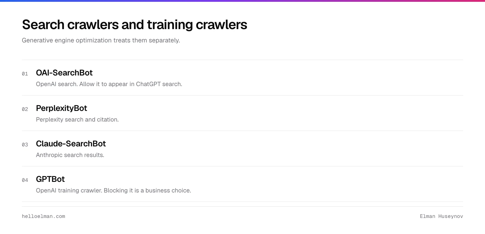 Search crawlers against training crawlers for generative engine optimization: OAI-SearchBot and PerplexityBot fetch pages to answer questions, GPTBot collects pages for training