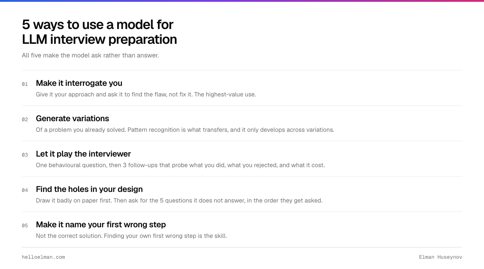Five uses of a model in AI interview prep: interrogate your reasoning, generate variations, play the interviewer, find design holes, and explain your mistakes back