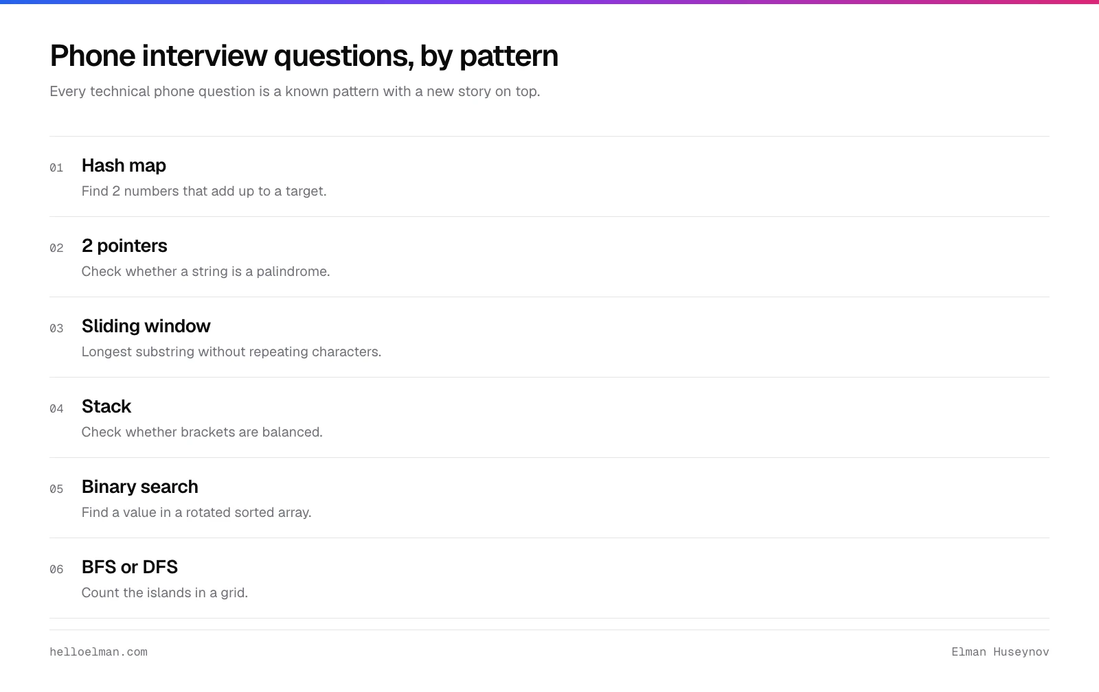 Technical phone interview questions grouped by pattern: hash map, 2 pointers, sliding window, stack, binary search and graph search