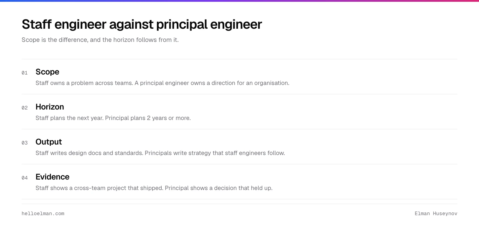 Staff engineer against principal engineer: a problem across teams against a direction for an organisation, one year against two or more years