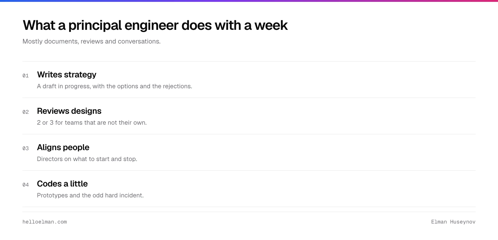 How a principal engineer spends a week: writing strategy, reviewing designs for other teams, aligning with directors, and a little code in prototypes and incidents
