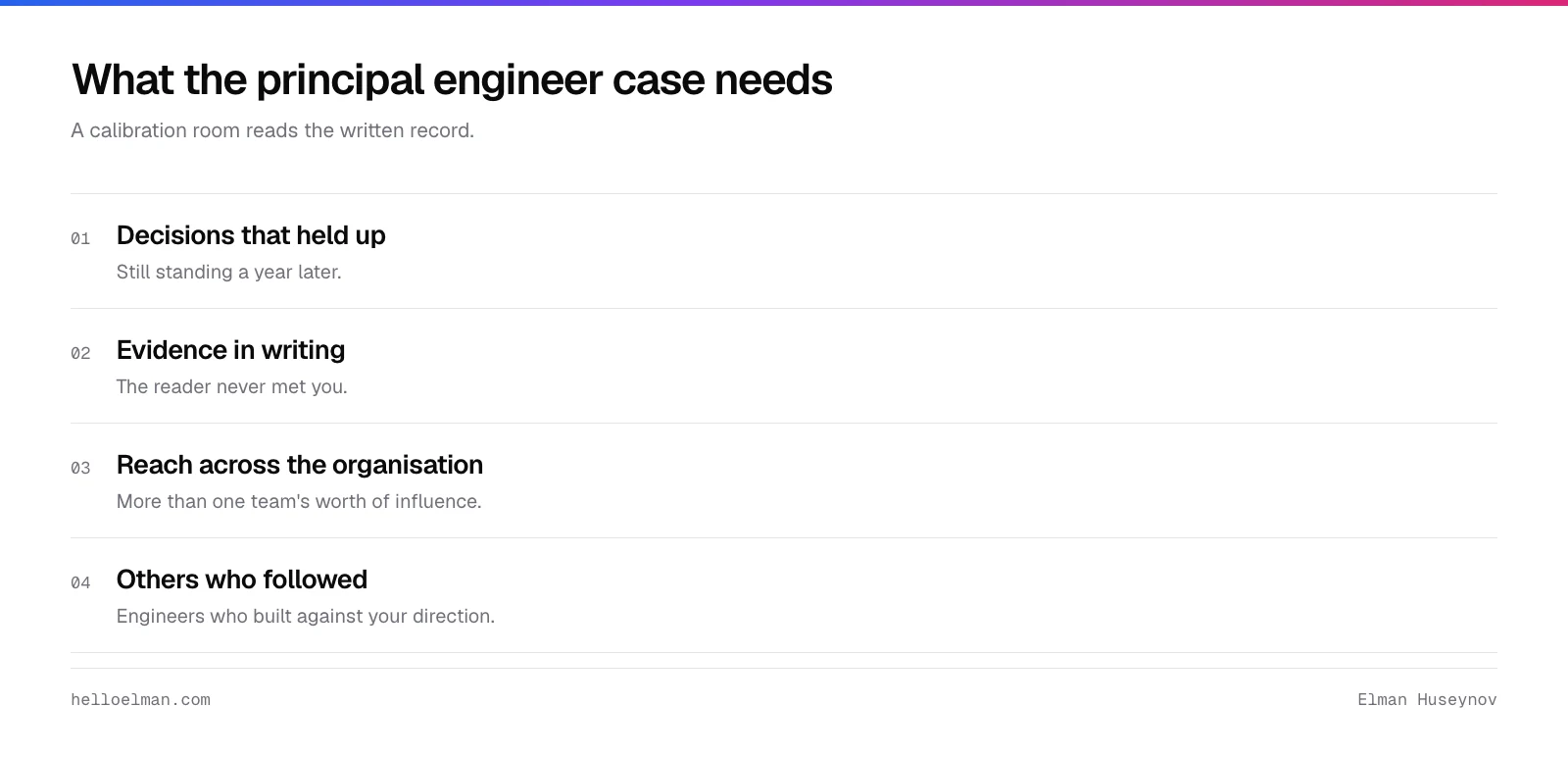What a principal engineer promotion case needs: decisions that held up, evidence in writing, influence across the organisation, and engineers who followed the direction