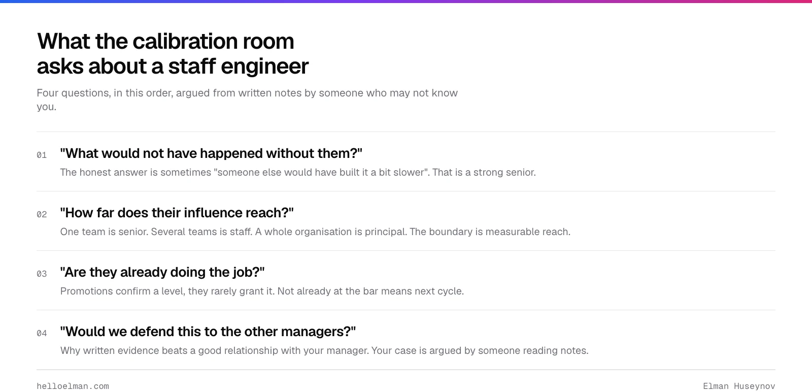 The four questions a calibration room asks about a staff engineer case: what would not have happened, how far the influence reaches, are they already doing the job, and would we defend this