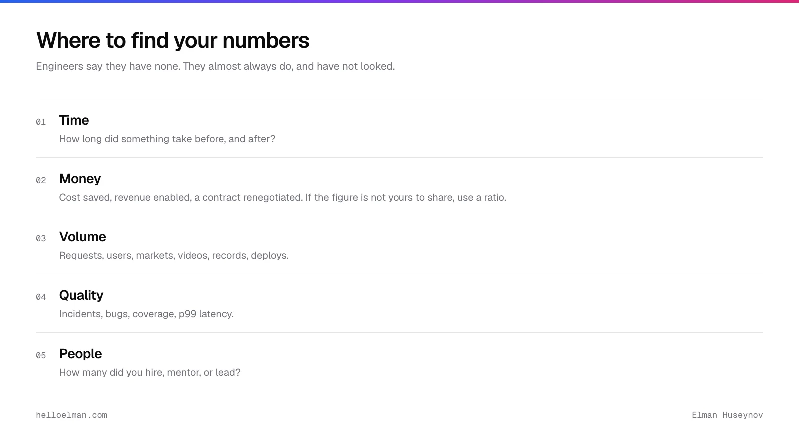 Five places to find numbers for a software engineer resume: time, money, volume, quality, and people