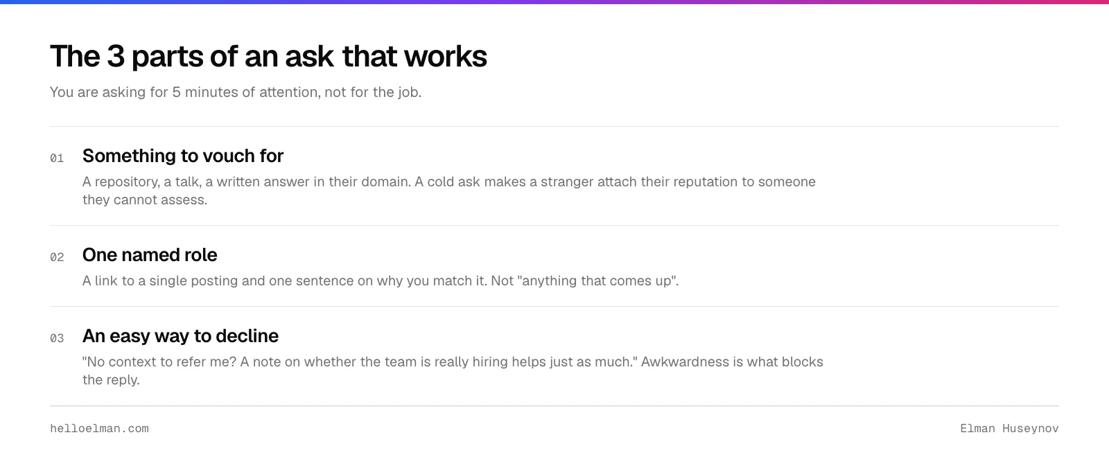 The three parts of a referral ask in a software engineering job search: something to vouch for, one named role, and an easy way to decline