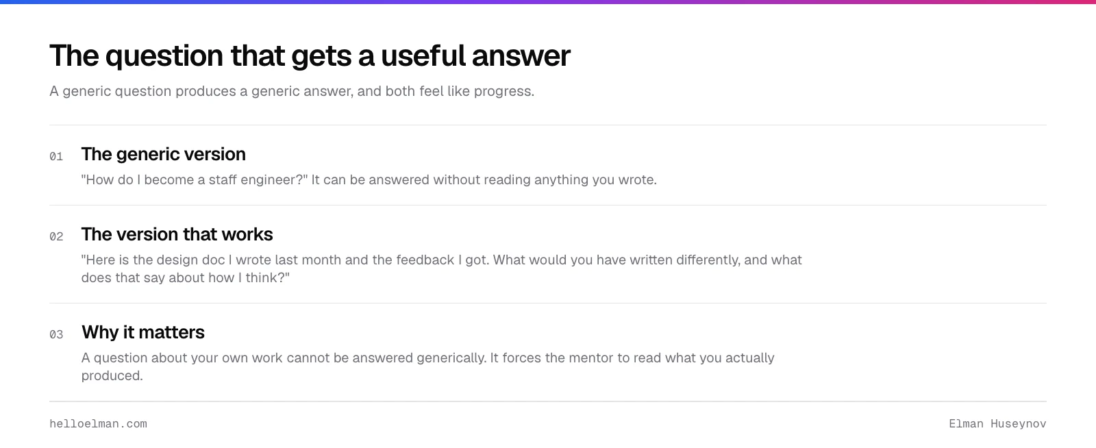The difference between a generic mentorship question and one pointed at your own work