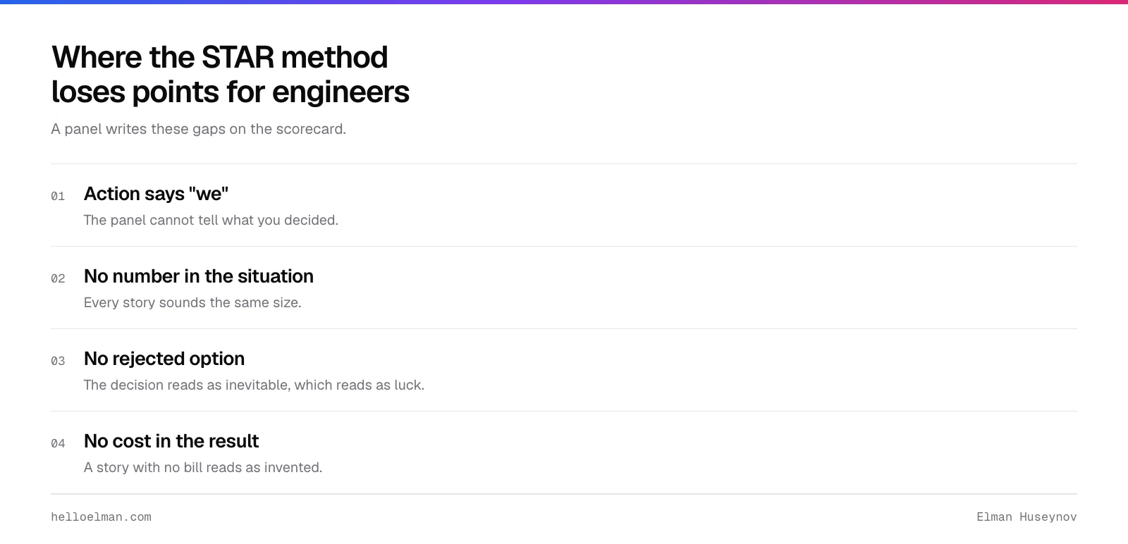 Four places the STAR method loses points for engineers: saying we, no number, no rejected option, and no cost