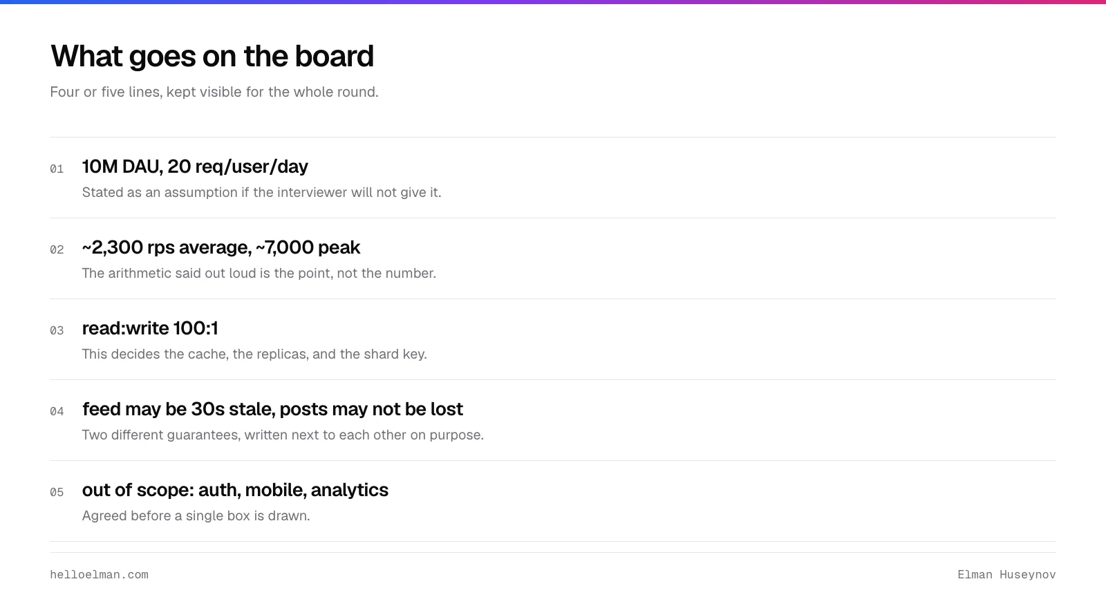 The system design requirements written on the board: daily users and request rate, peak load, the read to write ratio, the staleness budget, and what is out of scope