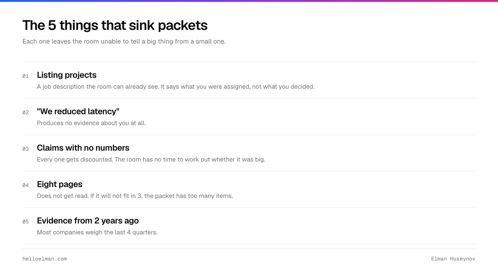 Five things that sink a promotion packet: listing projects, team achievements in the first person plural, claims with no numbers, eight pages, and evidence from two years ago