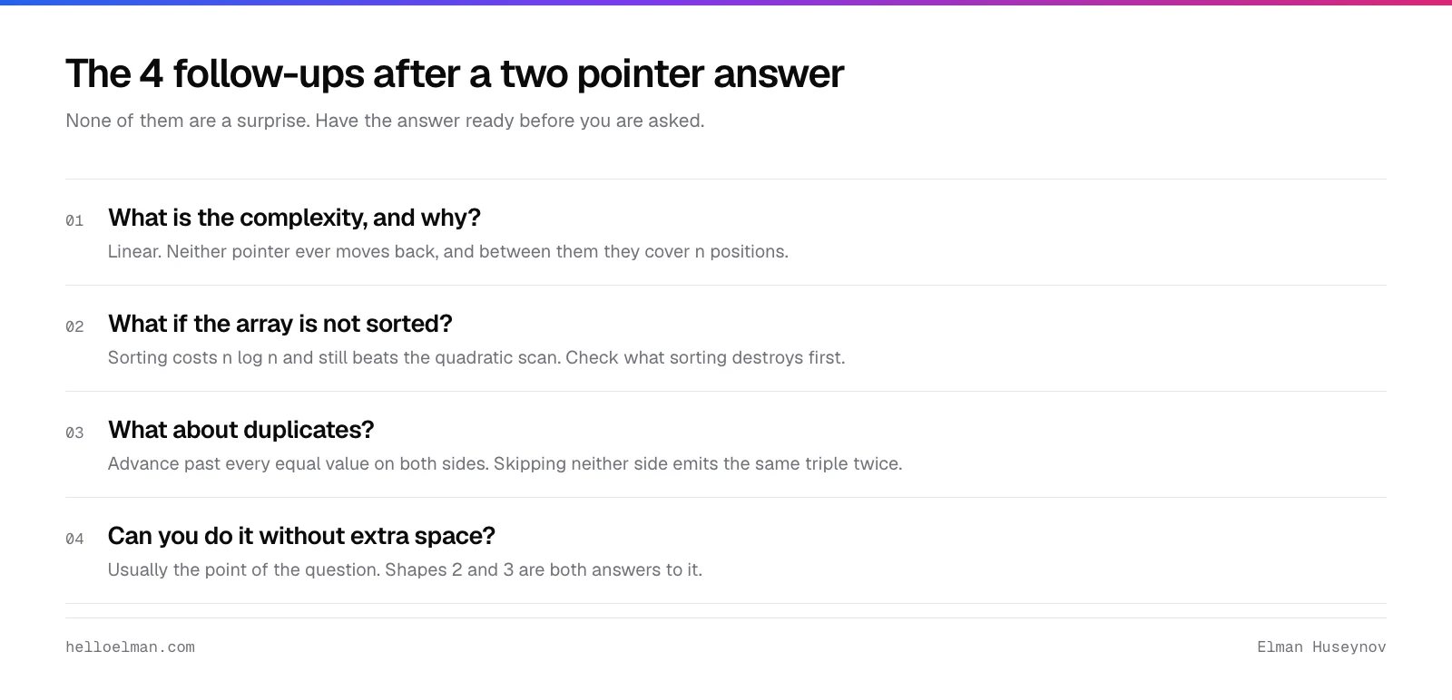The four follow-up questions after a two pointer answer: complexity, unsorted input, duplicates, and extra space