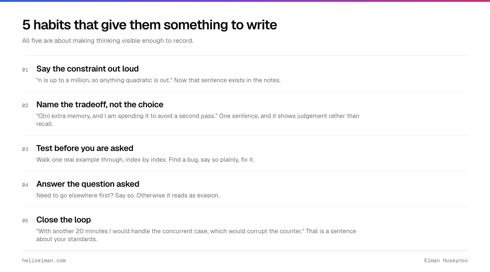 Five habits that give an interviewer something quotable: say the constraint out loud, name the tradeoff, test before being asked, answer the question asked, and close the loop