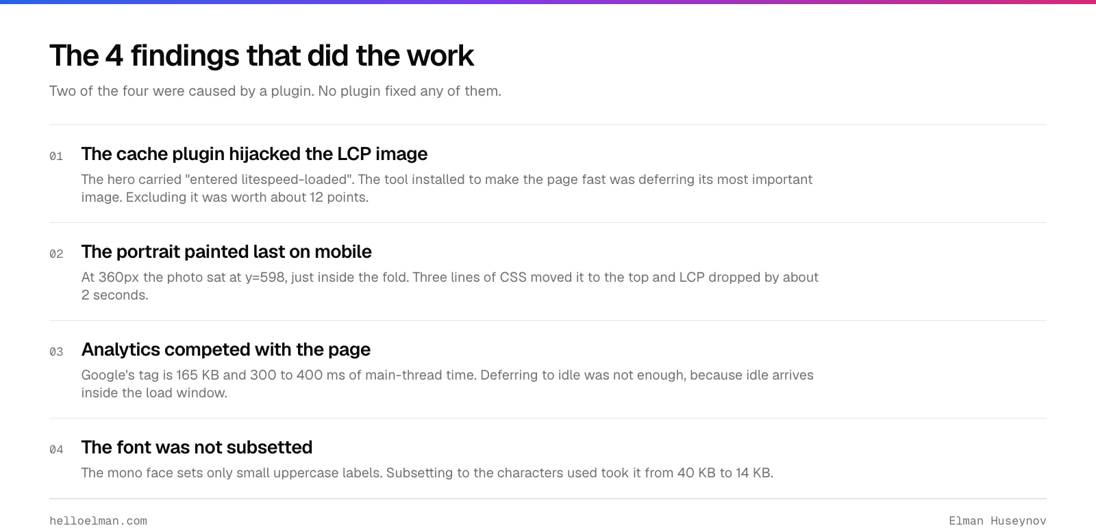 Four findings that fixed WordPress core web vitals: a cache plugin lazy-loading the LCP image, a hero portrait below the copy on mobile, analytics in the load window, and an unsubsetted font