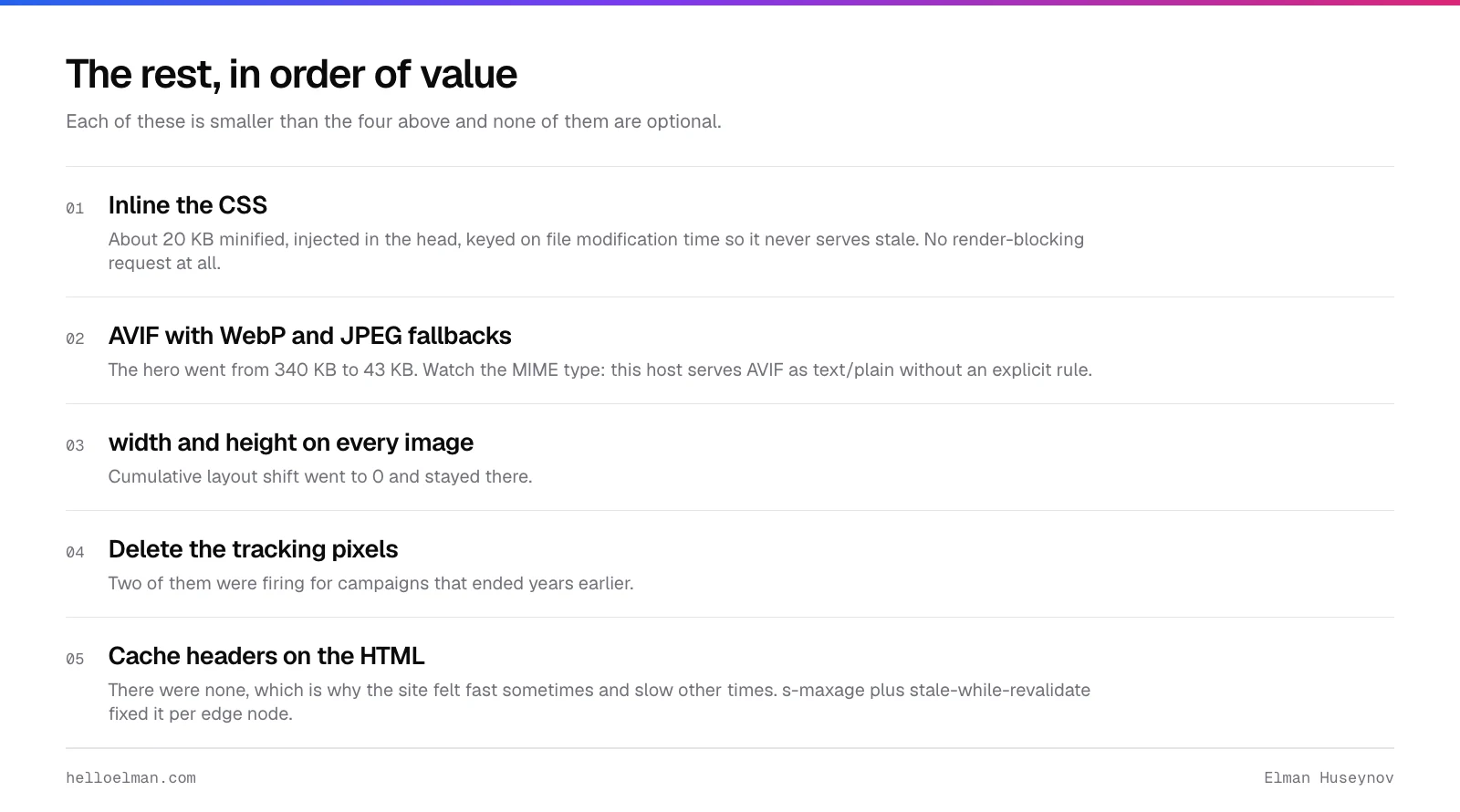 Further WordPress core web vitals fixes: inline the CSS, AVIF with fallbacks, width and height on every image, delete old tracking pixels, and set cache headers on HTML