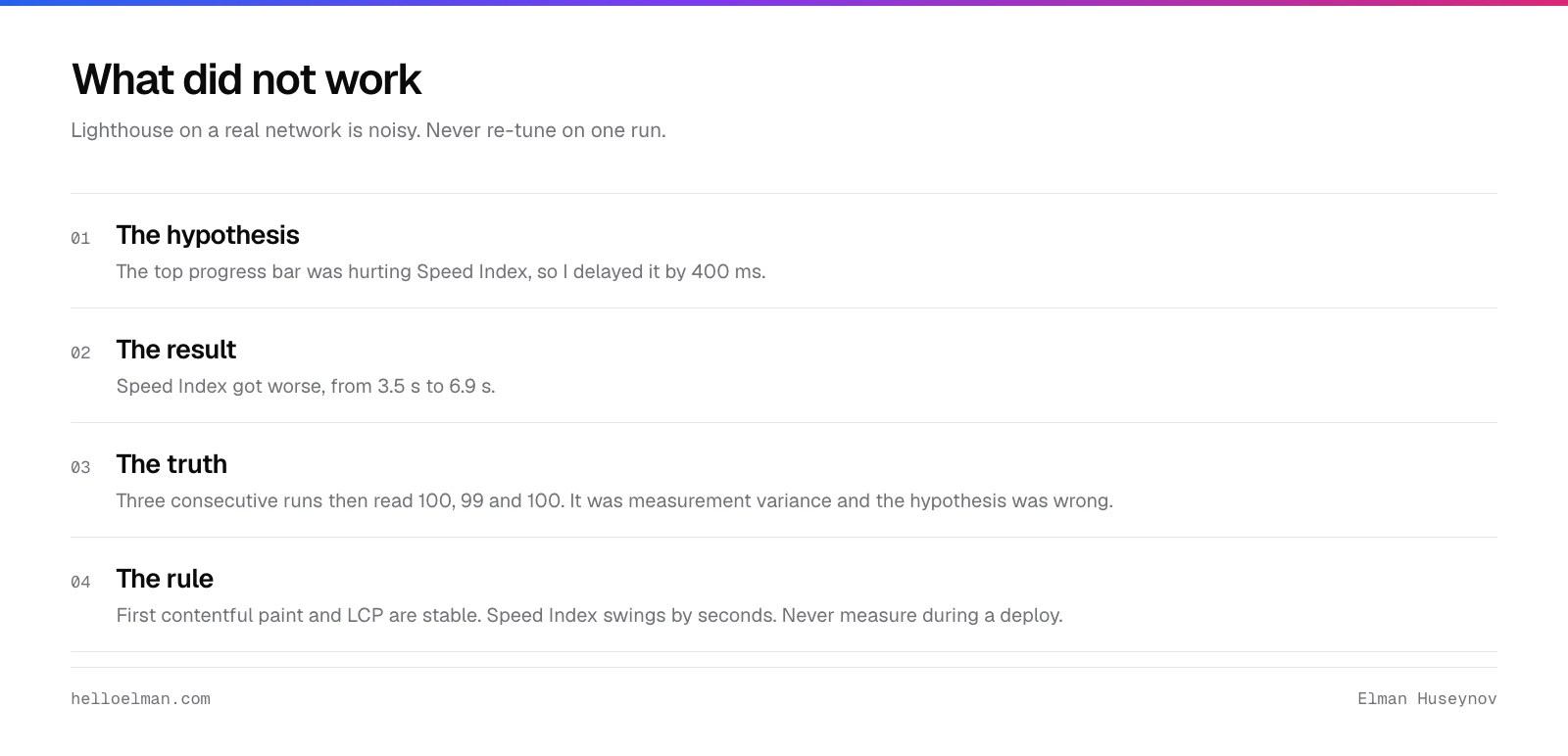 A failed WordPress core web vitals hypothesis: delaying the progress bar made Speed Index worse, and three consecutive runs then showed it was measurement variance